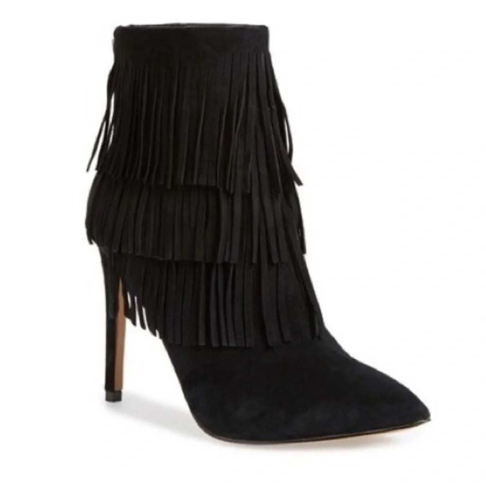 Steve Madden Flapper Fringe Ankle Boots Women 10M Black Pointed Toe Stiletto